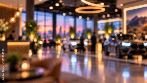 Blurred interior view of a high-end car dealership showroom at twilight. Silhouettes of people and vehicles are visible against a glowing city skyline seen through large windows.