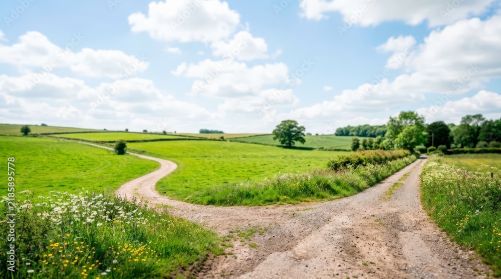 Naklejka premium A rural country road splits into two distinct paths in a green landscape, symbolizing a difficult divorce decision with an uncertain future ahead, underscoring the fork in the road
