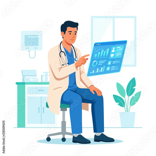 Doctor Interacting With Futuristic Digital Health Display Technology