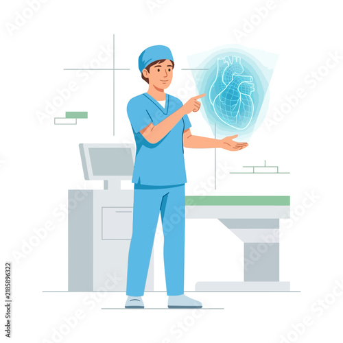 Doctor Interacting With Futuristic Holographic Heart Scan In Modern Medical Lab