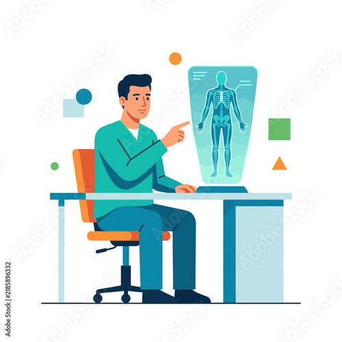 Doctor Interacting With Futuristic Holographic Human Body Scan Technology