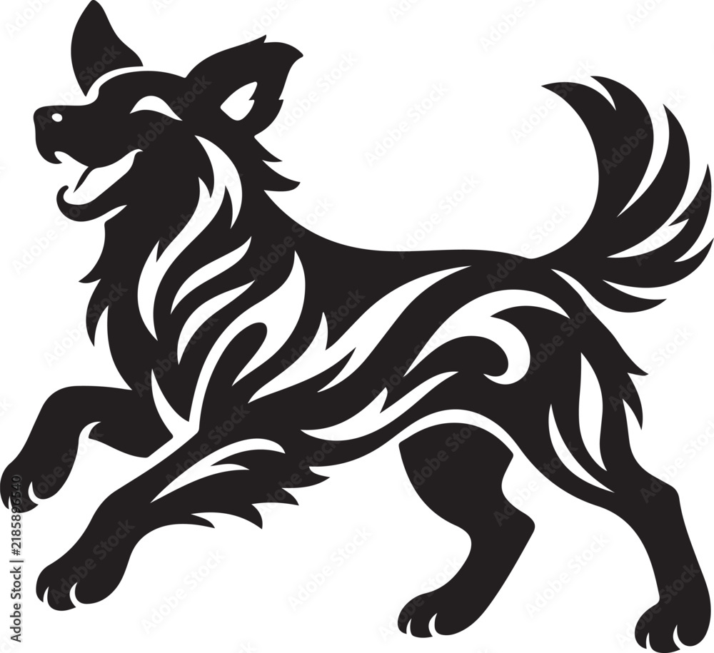 Obraz premium Dynamic Tribal Dog Silhouette Vector Illustration Isolated on White Background