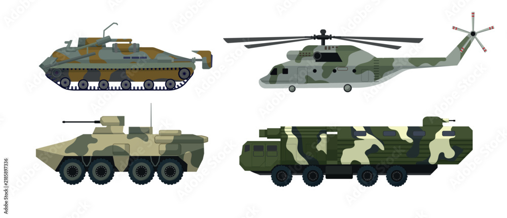 Fototapeta premium Vector set of camouflage military vehicles featuring a combat helicopter, amphibious armored personnel carrier, main battle tank, and command truck.