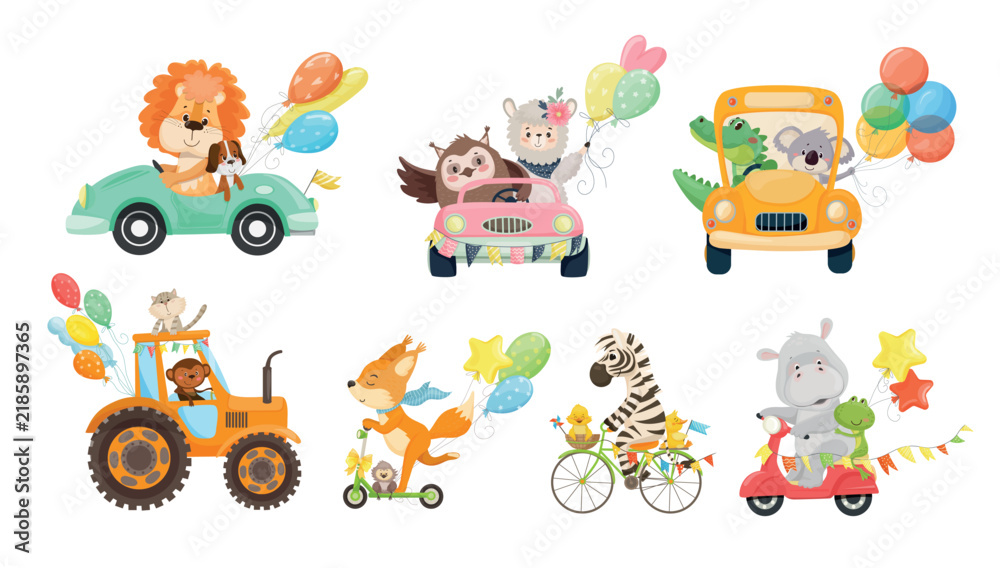 Fototapeta premium Vector collection of cute animal characters driving cars, tractor, scooter, and bicycle with balloons for nursery decor, kids design, and greeting cards.
