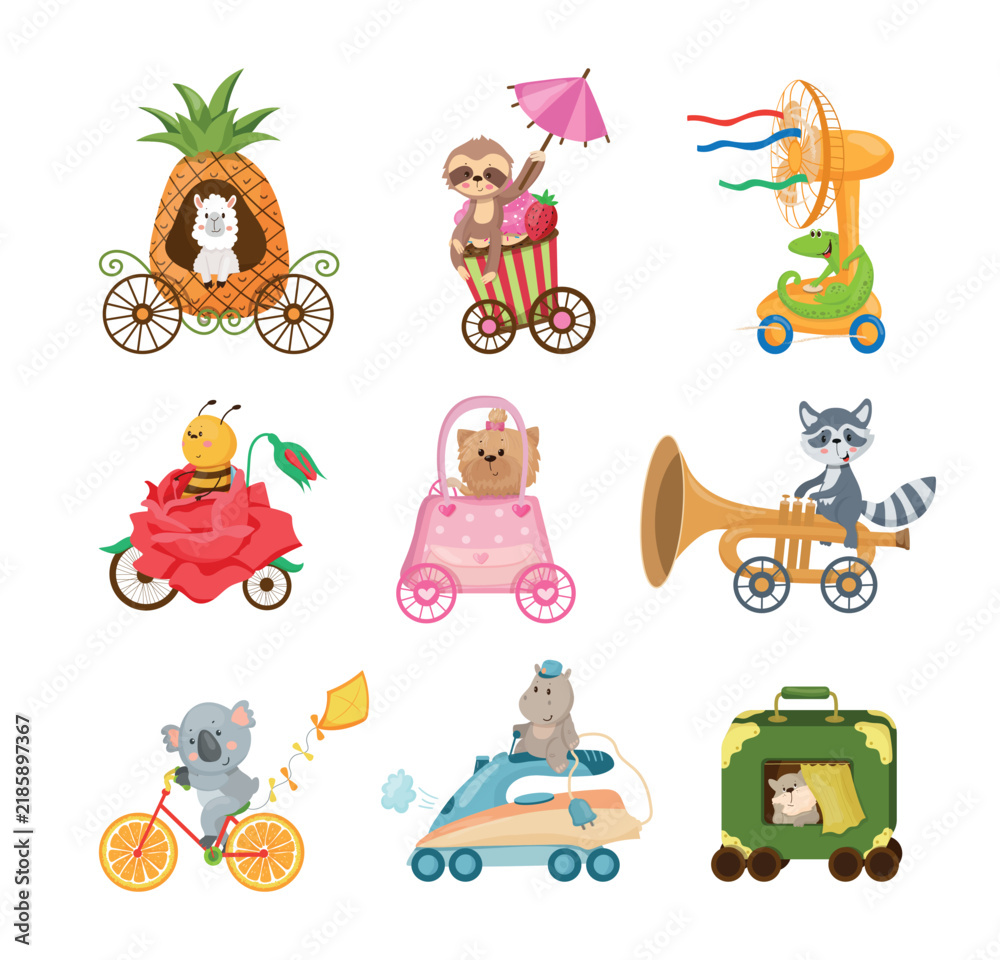 Obraz premium Large vector collection of cute animal characters riding imaginative vehicles like fruits, vegetables, household items and sweets for nursery design.