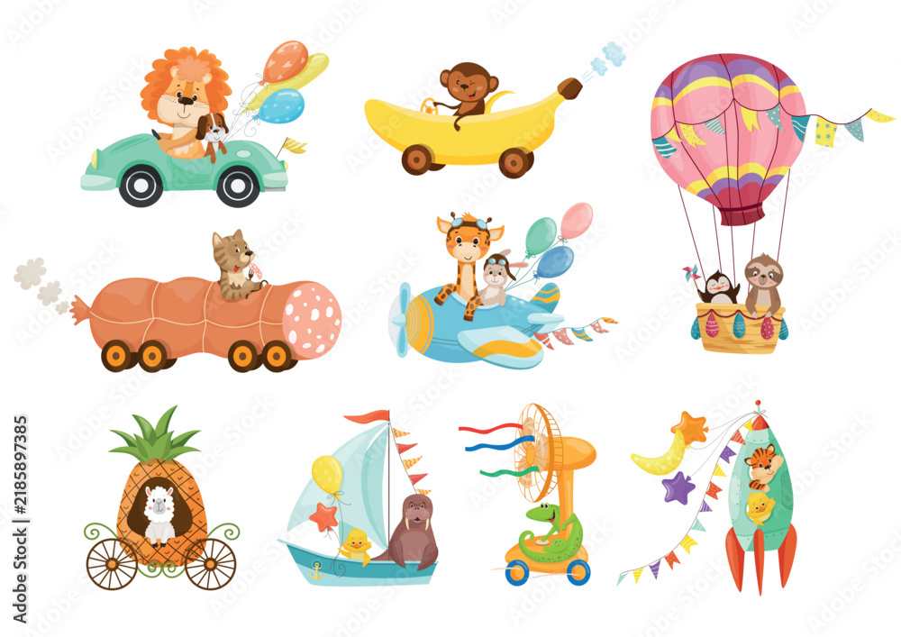 Fototapeta premium Vector collection of cute animal characters on unique object vehicles and flying machines for nursery decoration, kids design and educational projects.