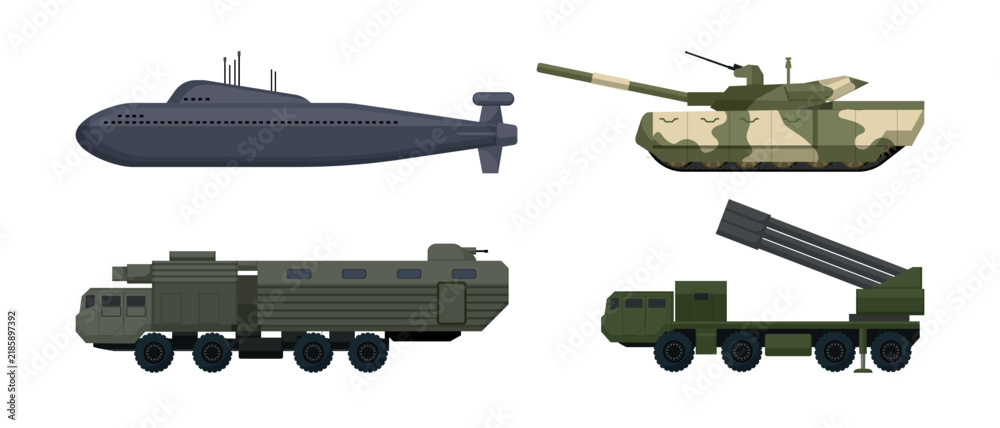 Fototapeta premium Vector collection of heavy military machinery including a submarine, combat tank, armored transport vehicle, and multiple rocket launcher system.