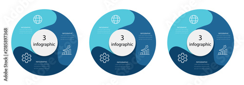 Set of three blue circular infographic elements with three options process chart template for business presentations workflow layout and data visualization. 