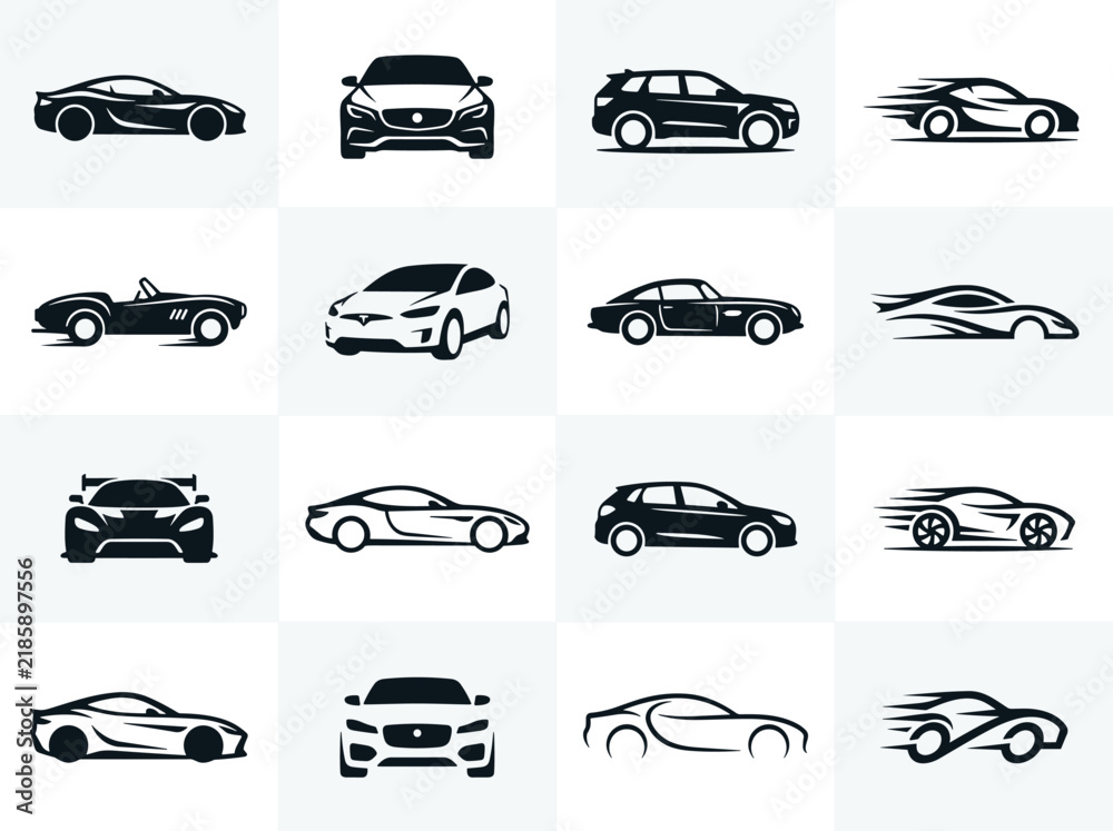 Obraz premium Sports Car and Luxury Vehicle Black Icon Set with Sedans SUVs Convertibles Racing Cars Front Views and Speed Motion Symbols on White Background