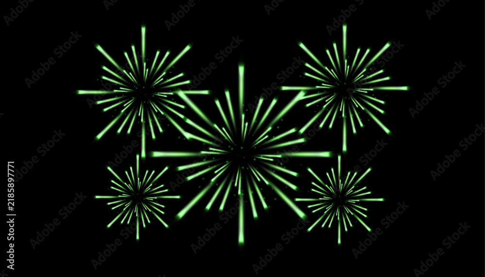 Fototapeta premium green fireworks on black background, Vector fireworks celebration, bright green glowing sparks and colorful starburst.