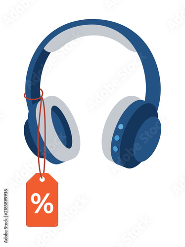 Blue wireless headphones with a discount price tag for retail sale promotion