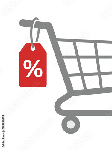 Gray shopping cart with a red percent tag representing retail discounts and seasonal sales.