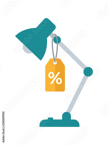 Teal desk lamp with a yellow discount tag for retail sale promotion isolated