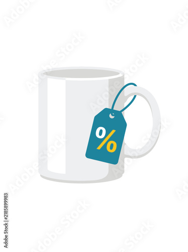 White ceramic coffee mug with blue percent discount tag for retail sale promotion