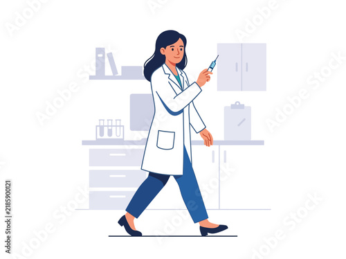 Doctor Holding Syringe Walking In Laboratory