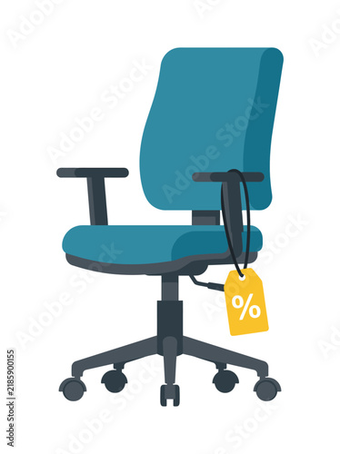 Blue office chair with percent discount tag for workplace furniture sale promotion