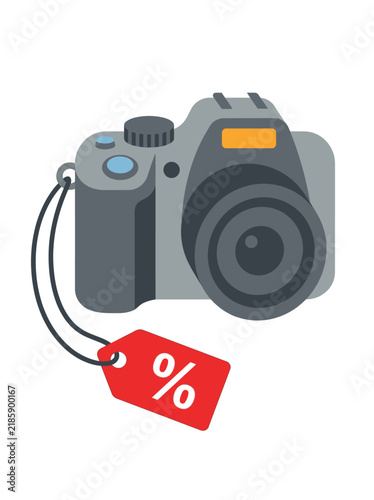 Gray digital camera with red discount tag for electronics shopping promotion isolated