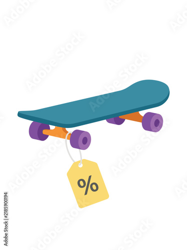 Blue skateboard with a percent discount tag for retail sale promotion isolated