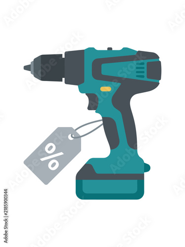 Cordless electric power drill with a percent discount tag for hardware store sale promotion