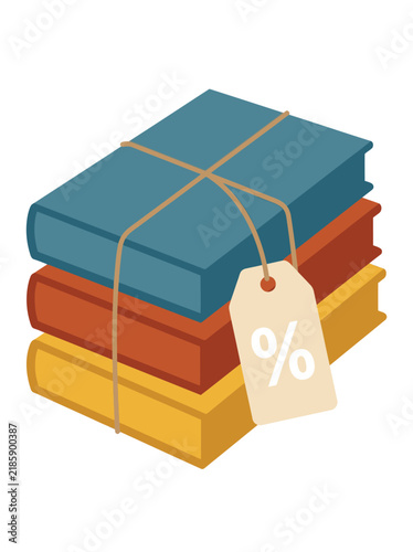 Three colorful books tied with string and a discount price tag for bookstore promotion.