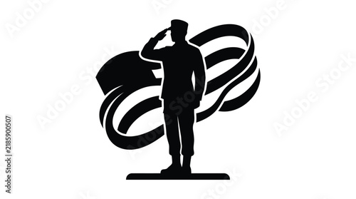Silhouette of a soldier saluting in front of a flag to honor military service