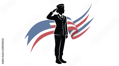 Silhouette of a female soldier saluting with a waving American flag in the background