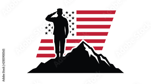 Military soldier silhouette saluting on a mountain peak with American flag background.