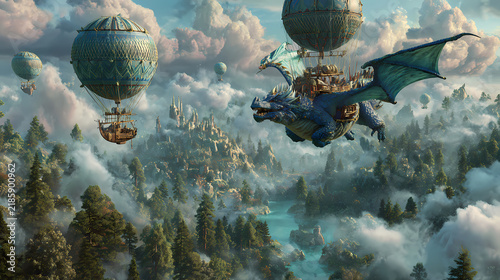 Blue dragon soaring through a cloudy sky alongside vintage hot air balloons over a picturesque river valley.