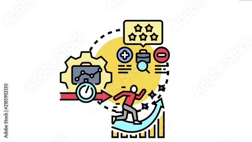 Person running up an arrow on a bar graph achieving targets and success, business process optimization, quality management, and constant development