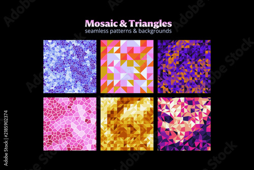 Mosaic Triangles Geometric Seamless Patterns Set Vector, Abstract Low Poly Polygon Voronoi Cell Mesh Textures Collection, Neon Futuristic Techno Backgrounds Set Wallpaper Banner