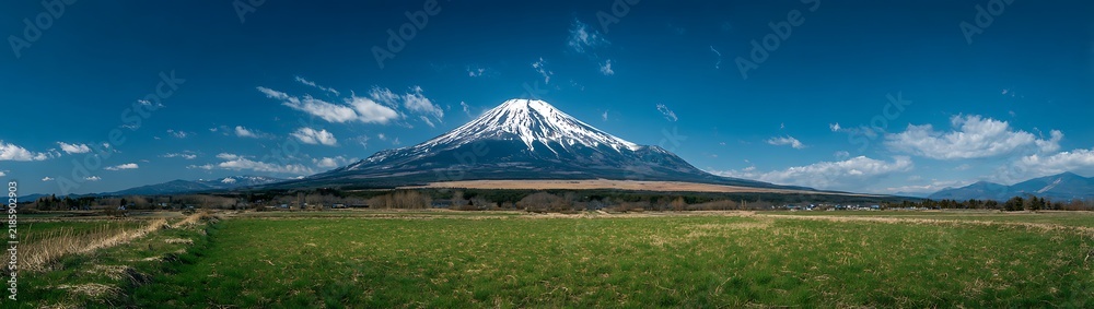 Naklejka premium Wide panoramic view of a snow capped mountain peak above a green meadow with scattered clouds in blue sky