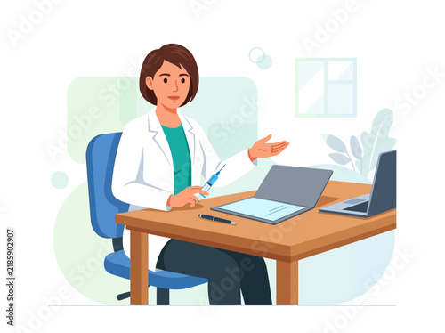 Doctor Explaining Medical Procedure With Syringe and Laptop Computer Illustration