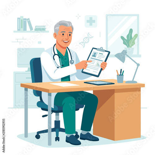 Doctor Explaining Medical Report While Sitting At Desk