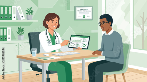 Doctor Explaining Medical Results On Tablet To Patient In Consultation Room