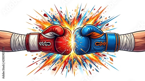 Tapety artystyczne Red and blue boxing gloves colliding with a vibrant colorful energy burst on a white background