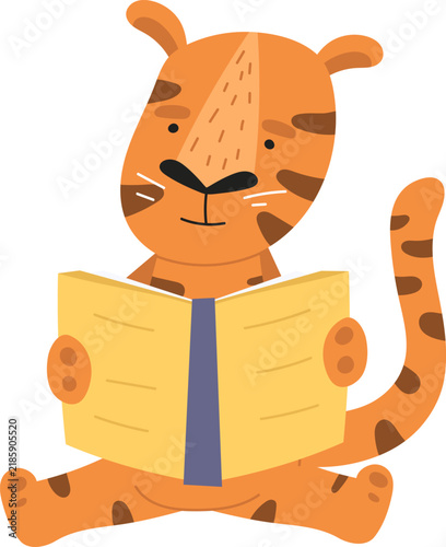 Принти на полотні Cartoon tiger sitting engrossed in a book, representing education and literacy