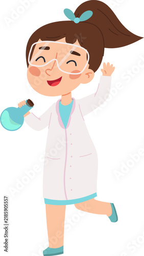 Little girl wearing a lab coat and safety goggles holding a flask with liquid, expressing joy