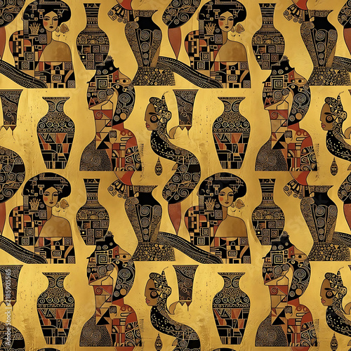 Ancient Egyptian style golden seamless pattern with pharaoh figures, vases, and hieroglyphic motifs