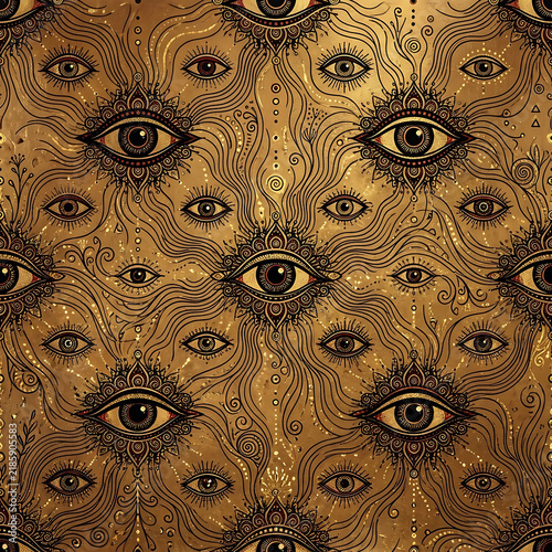 Mystical golden seamless pattern with open eyes and abstract wooden texture background