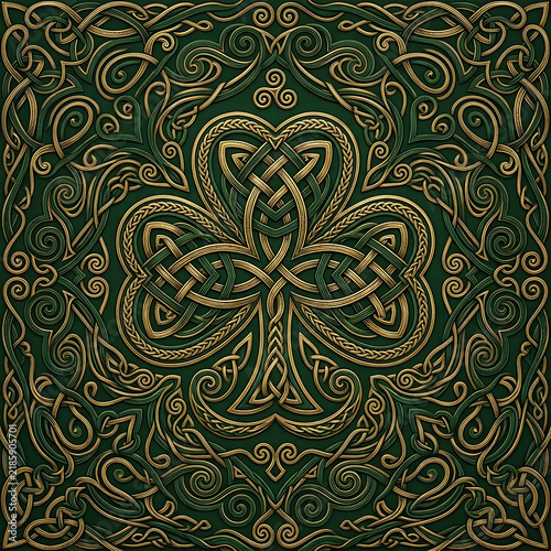 Luxury Celtic knot seamless pattern with golden Irish shamrock symbols on deep green background