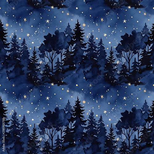 Winter night forest seamless pattern with pine trees and glowing stars on dark blue background
