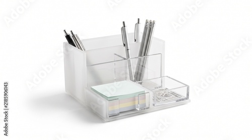 Minimalist desk organizer with stationery, white office supply holder with pens and sticky notes, modern workspace storage