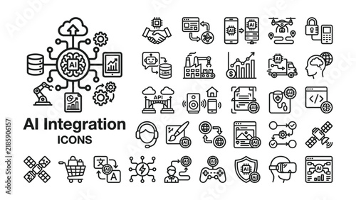 AI Integration Icons: A collection of minimalist line icons representing various aspects of artificial intelligence integration across different industries and technologies.