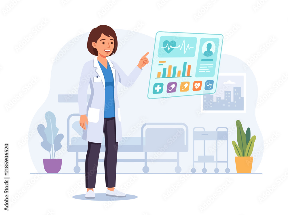 Obraz premium Doctor Demonstrating Digital Healthcare Technology With Futuristic Interface
