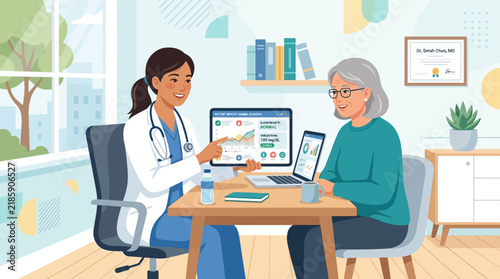 Doctor Discussing Health Data With Senior Patient In Clinic