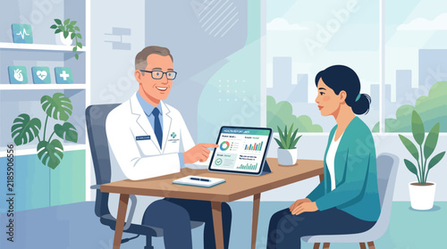 Doctor Discussing Medical Data With Patient On Tablet In Clinic