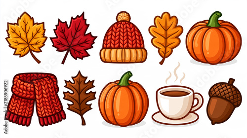 Autumn season doodle vector illustration with hand drawn icons of falling leaves, pumpkins, scarves, hot tea cups, acorns. Playful colorful vector style, clean white background