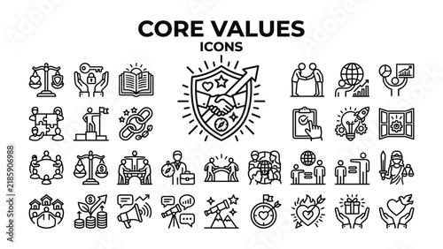 Core Values Icons: A comprehensive collection of stylized icons representing fundamental principles and values, ideal for illustrating business ethics, personal development.