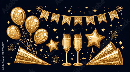 New Year celebration vector set. Collection of gold balloons, string of festive garland flags, party horns and sparkling champagne glasses isolated on tranquil midnight background