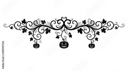 Halloween top decorative border Vintage Halloween scroll border with hanging jack-o-lanterns, ornate floral filigree divider, gothic autumn pumpkin vector illustration isolated on White